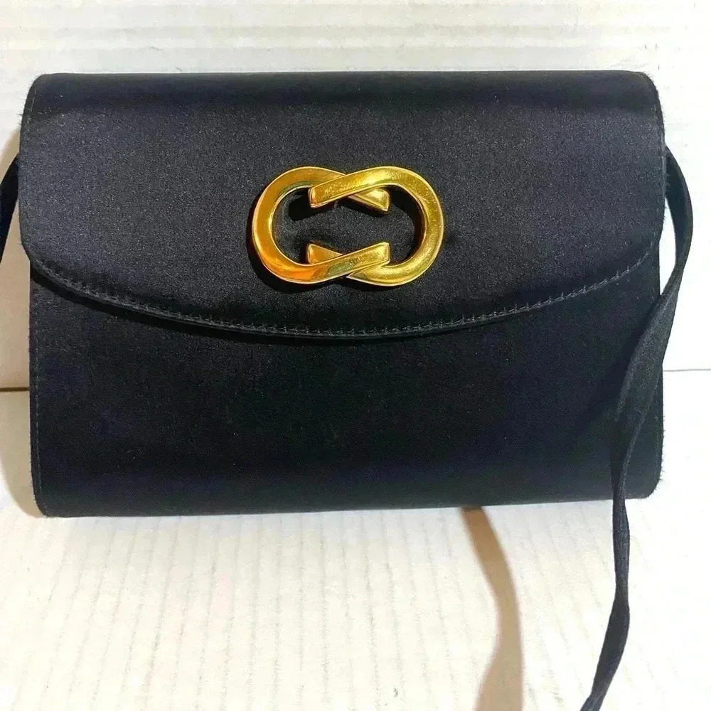 Gucci black satin vintage GP logo shoulder handbag